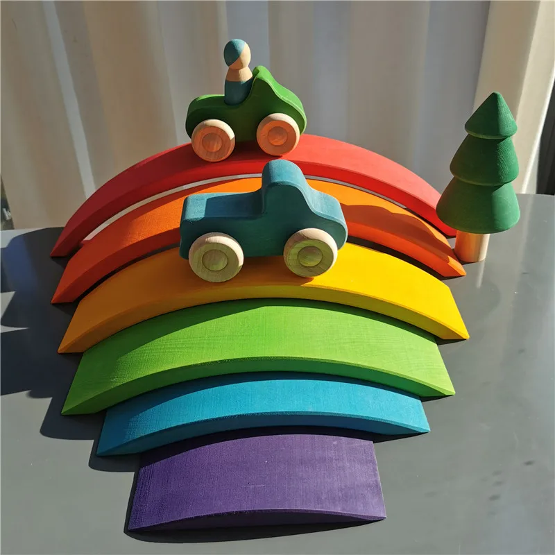 Juguetes Montessori de madera, puente apilable arcoíris