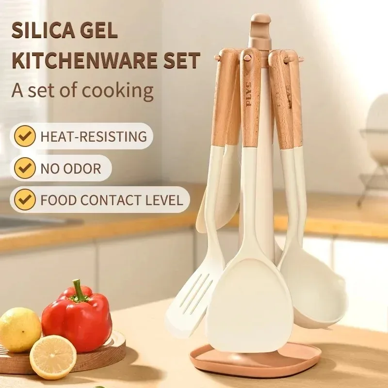 Utensilios de cocina de silicona con mango de madera dura