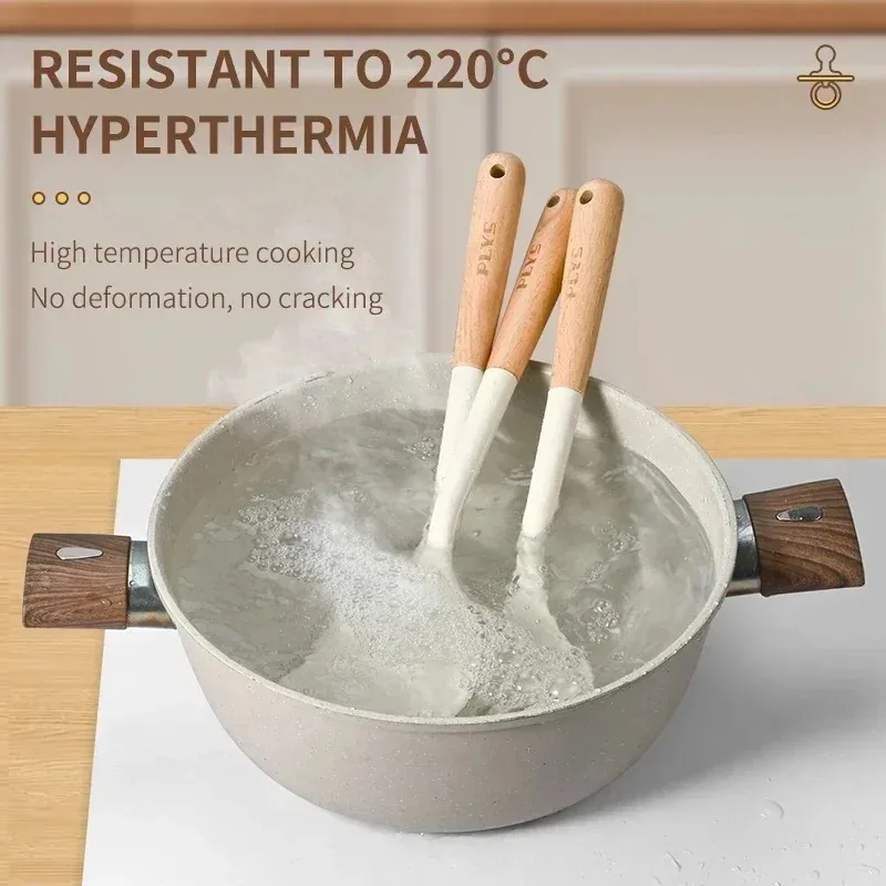 Utensilios de cocina de silicona con mango de madera dura - Imagen 3